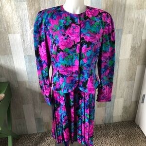 Vintage ADRIANNA PAPELL Silk Blazer & Skirt Set Women's size 12 Jewel Tones MINT